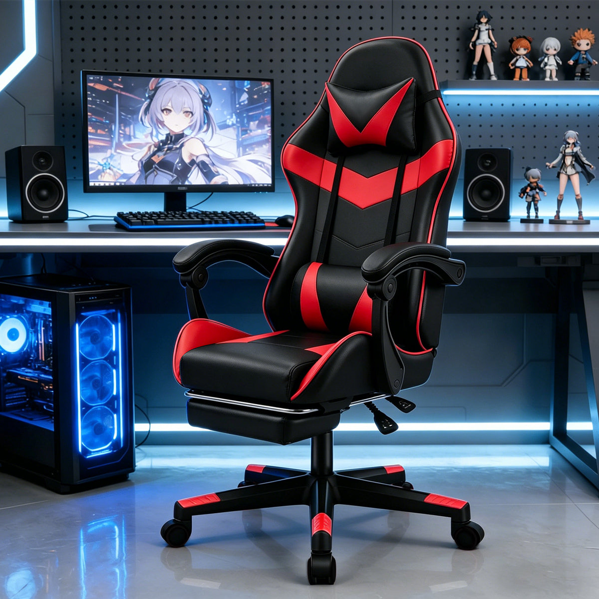 Chaise de Gaming Ergonomique avec Repose-Pieds - Pivotante à 360°, Réglable en Hauteur, Support Lombaire, Mécanisme d'Inclinaison Manuelle, Texture Simili, Rembourrage en Mousse et Cadre en Acier Inoxydable - Pour PC/Bureau