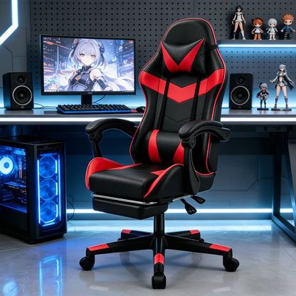 Chaise de Gaming Ergonomique avec Repose-Pieds - Pivotante à 360°, Réglable en Hauteur, Support Lombaire, Mécanisme d'Inclinaison Manuelle, Texture Simili, Rembourrage en Mousse et Cadre en Acier Inoxydable - Pour PC/Bureau