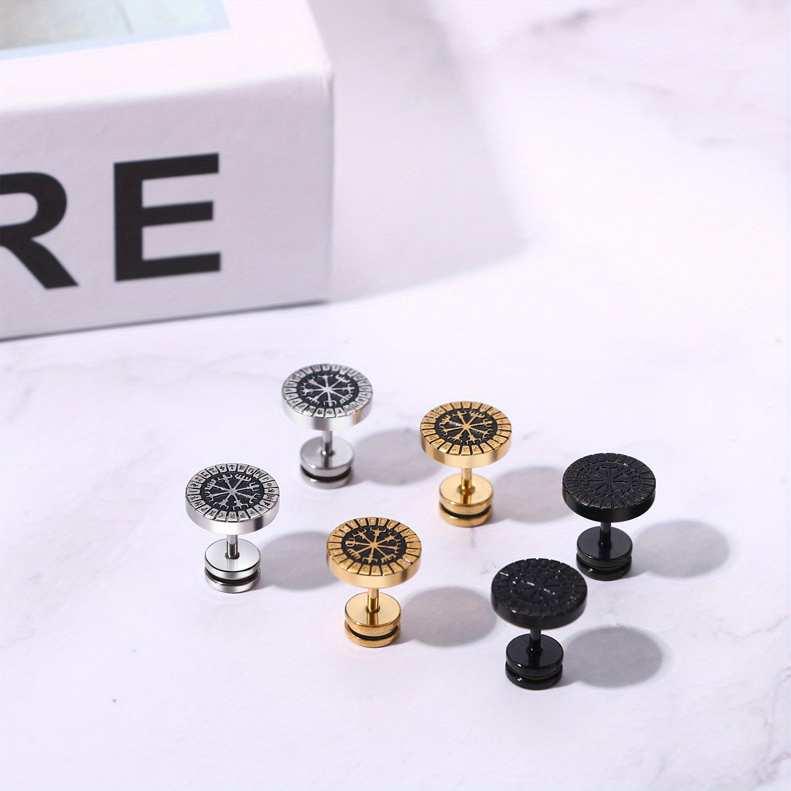 Boucles d'oreilles clous vintage pour homme JewelryWe : Ensemble de boucles d'oreilles punk avec bouchon en acier inoxydable et fausses runes de boussole nordique nordique
