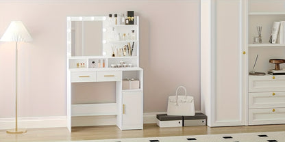 Coiffeuse avec miroir et 10 lumières LED, luminosité réglable, coiffeuse avec 2 tiroirs et 1 meuble, 3 étagères et 4 compartiments ouverts, blanc