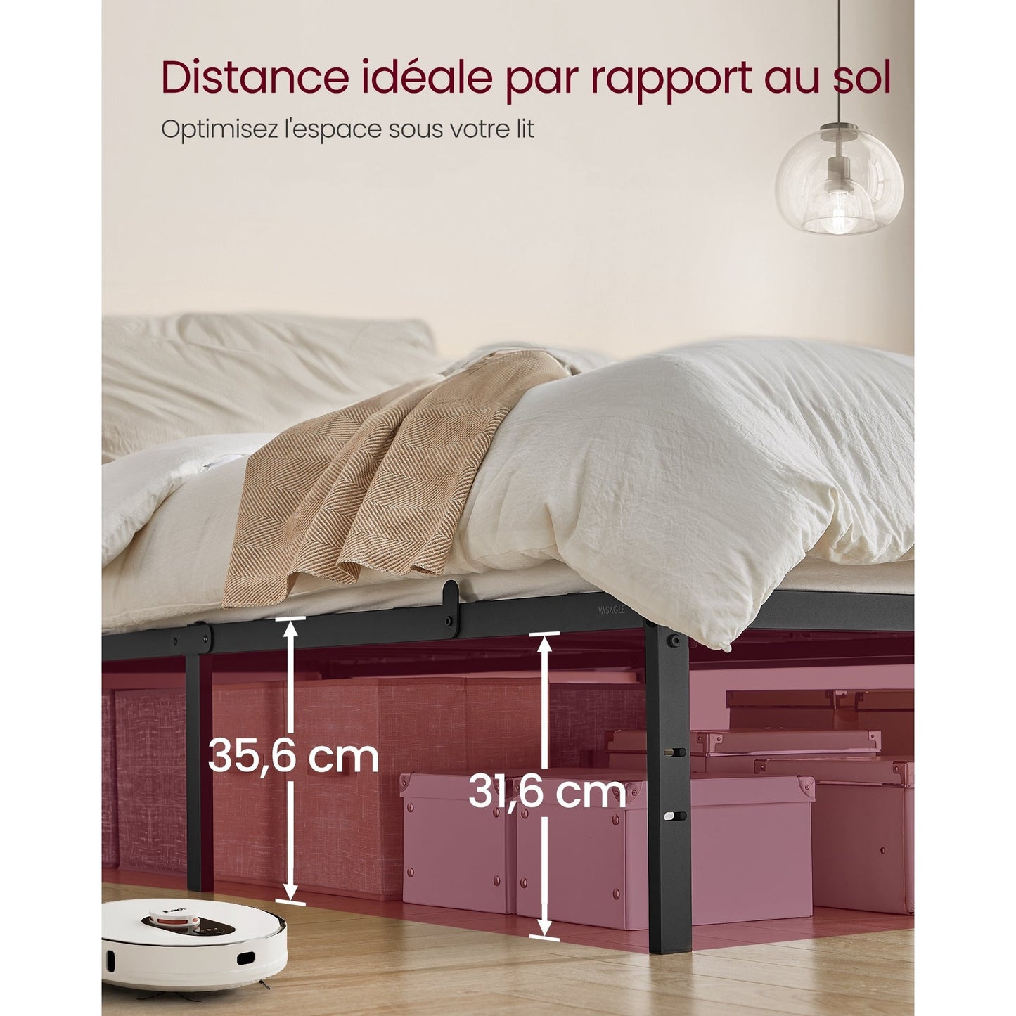 Cadre de Lit 140 x 190 avec Sommier Métal, Cadre en Métal, lit double, Espace de Rangement au Dessous, Moderne, Lit d'Invité, Montage Facile