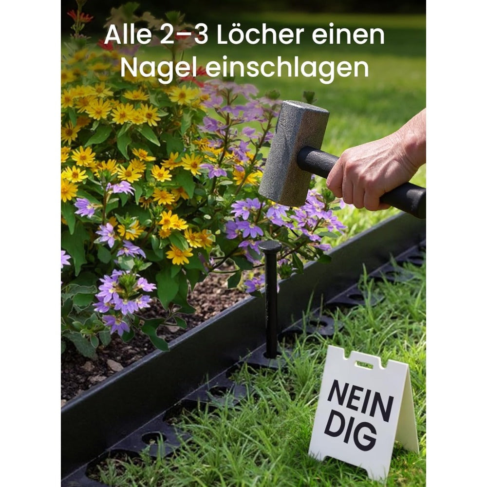 Bordure de pelouse flexible en plastique noir avec ancrages au sol, une bordure de jardin invisible pour pelouses et parterres de fleurs