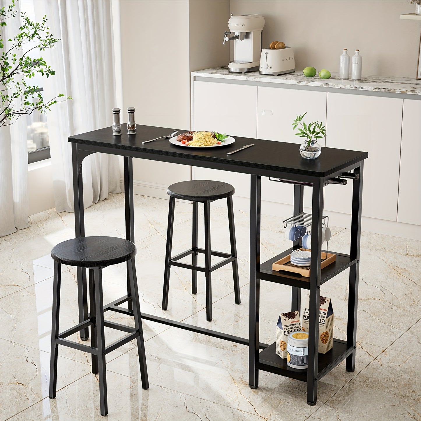 Ensemble de table et de chaises de bar 3 pièces, ensemble de table de bar moderne en fonte noire avec 2 tabourets, ensemble de table industrielle et de tabouret de bar, plateau en bois, table de pub rectangulaire avec étagères et porte-verres, pour cuisin