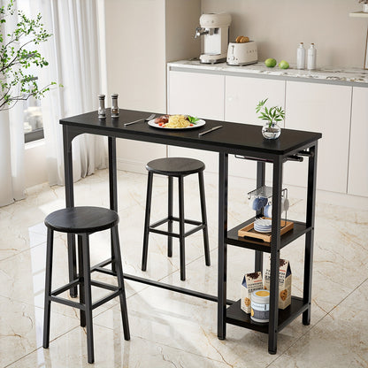 Ensemble de table et de chaises de bar 3 pièces, ensemble de table de bar moderne en fonte noire avec 2 tabourets, ensemble de table industrielle et de tabouret de bar, plateau en bois, table de pub rectangulaire avec étagères et porte-verres, pour cuisin