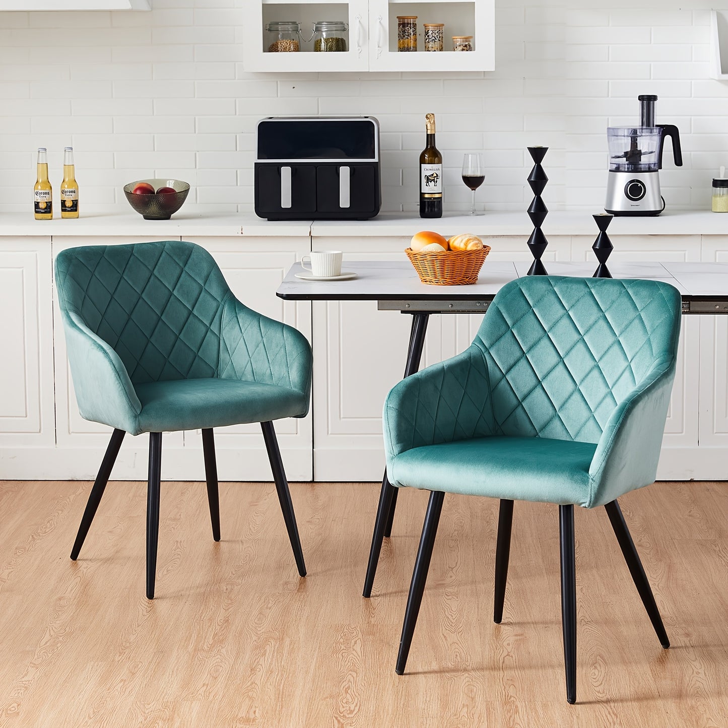 Ensemble de 2 chaises de salle à manger modernes en velours/lin, chaises de loisirs rembourrées avec accoudoirs et pieds en métal, chaises d'angle pour cuisine, salon, bureau à domicile, réception