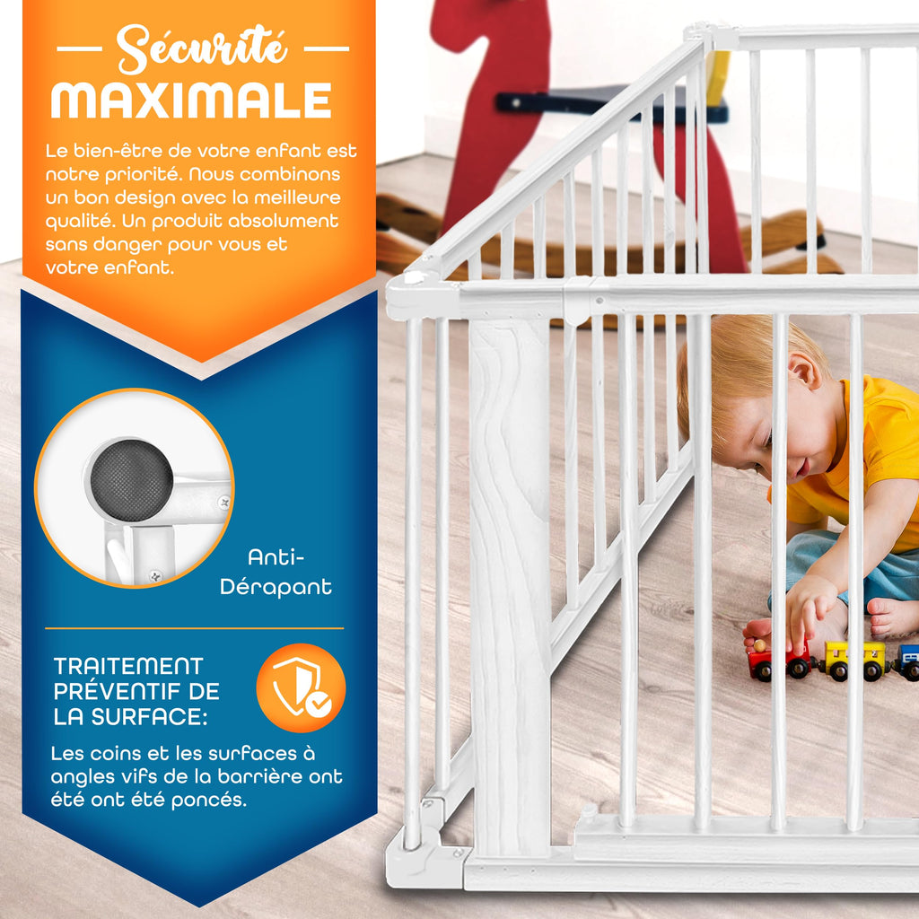 KIDUKU® Parc bébé pliable XXL de 7,2 mètres avec porte | Parc en bois avec double sécurité | Parc pliable pour enfants avec 8 éléments