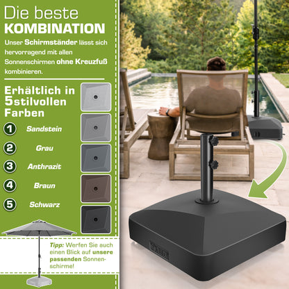 Tillvex® Support de Parasol GRAVIA avec Roues et Freins | Support de Parasol Remplissable 37 Litres / 56 kg | Adapté aux Parasols de Soleil et de Marché Ø 1,8-3,7 m | Roulable, Résistant aux Intempéries et aux UV pour Balcon, Terrasse, Jardin, Petits et G