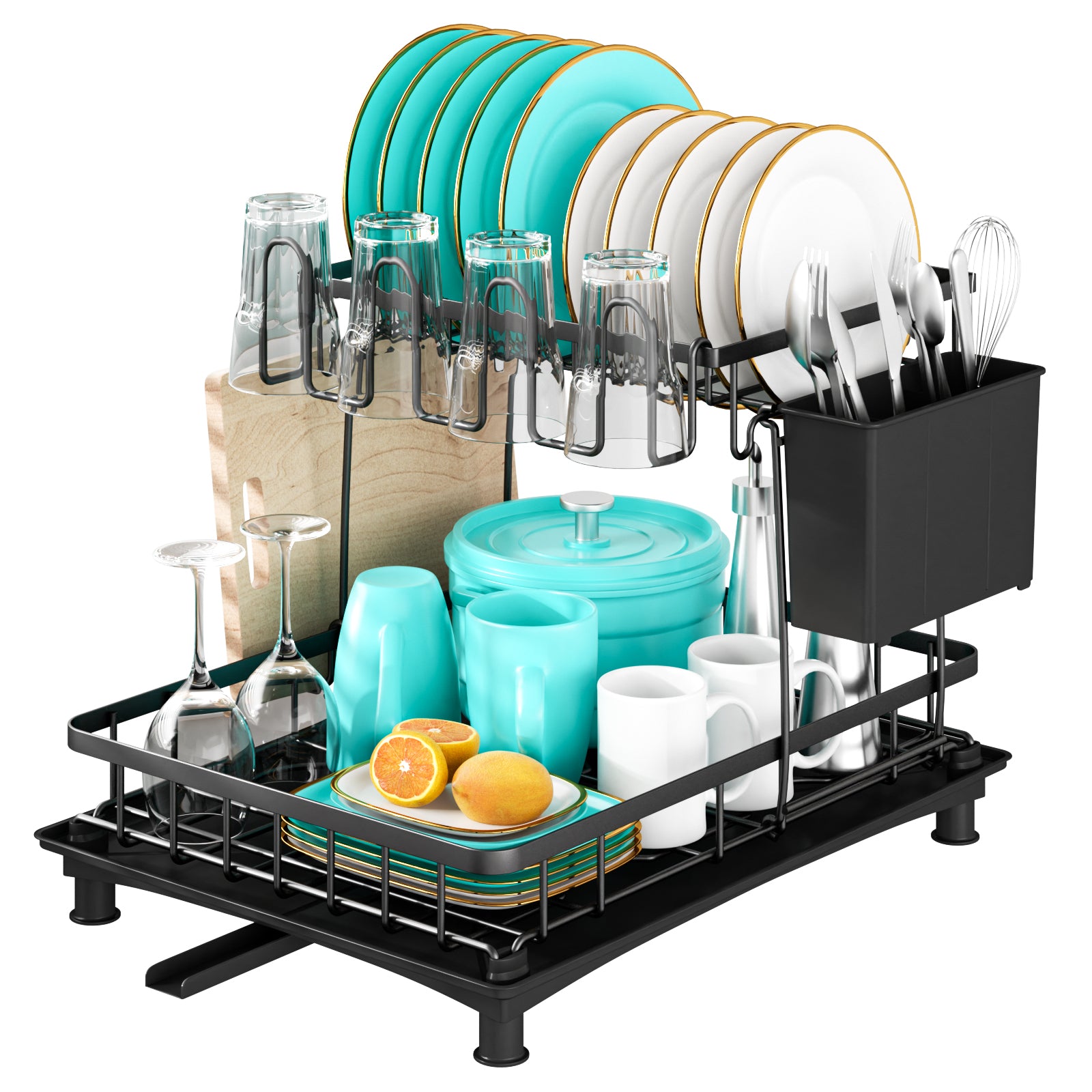 Égouttoir à vaisselle, égouttoir de comptoir de cuisine à double étage, égouttoir à vaisselle avec bac d'égouttage, égouttoir à vaisselle avec porte-couverts et porte-planche à découper, cadeau parfait pour femme, épouse, gadget de cuisine pour la fête de
