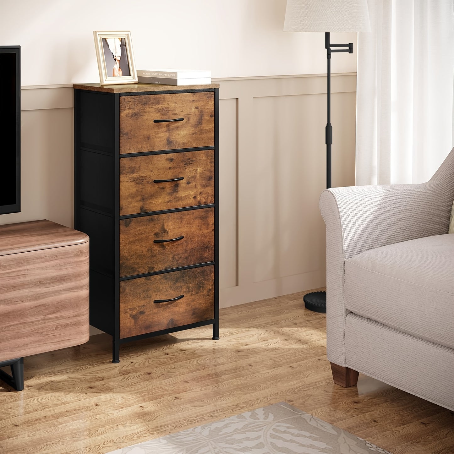 1 tiroir étroit, commode avec 4 tiroirs en tissu, buffet coffre de rangement pour chambre à coucher, salon, couloir, style industriel, brun vintage noir