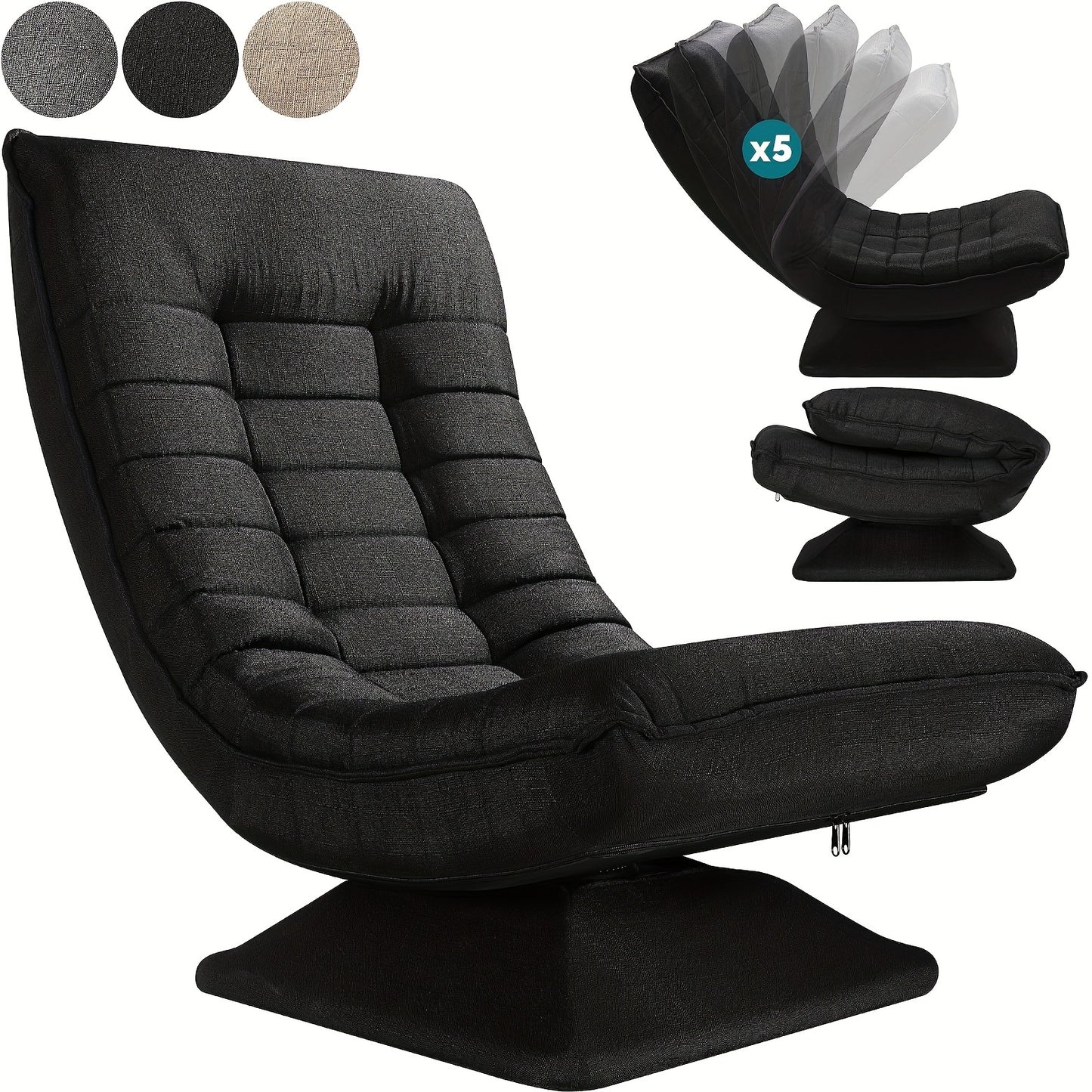 Fauteuil Canapé, Chaise de Sol, Dossier Réglable Rotation 360° Pliable Capacité de Charge 150Kg Design Élégant et Confort Abordable, L'Idéal pour la Décoration Intérieure, Offrant Un Endroit Confortable pour Se Détendre. Noir, Gris