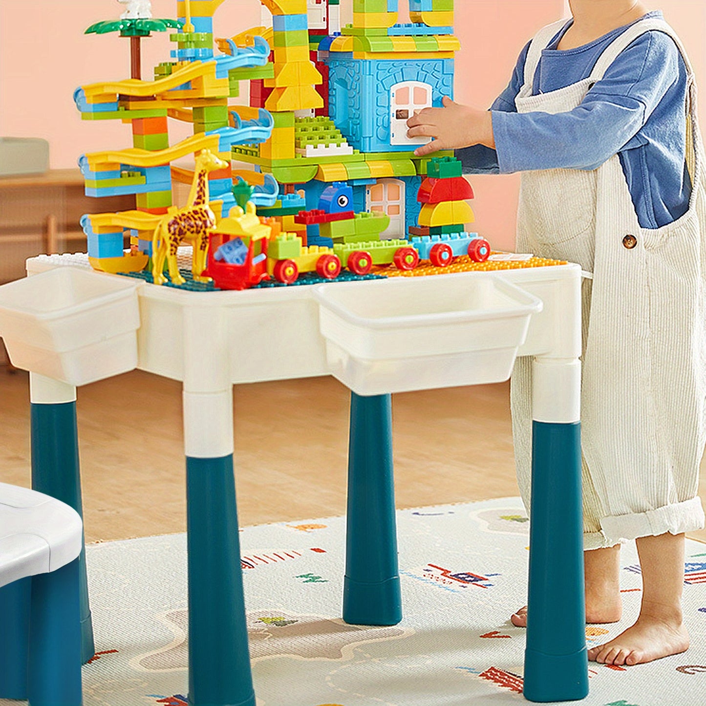 Table de jeu d'activité, Ensemble de table d'activité multifonctionnelle, Ensemble de table et de chaises de blocs de construction, Table d'artisanat de chambre, Table d'étude, avec 2 chaises et 163 blocs de construction