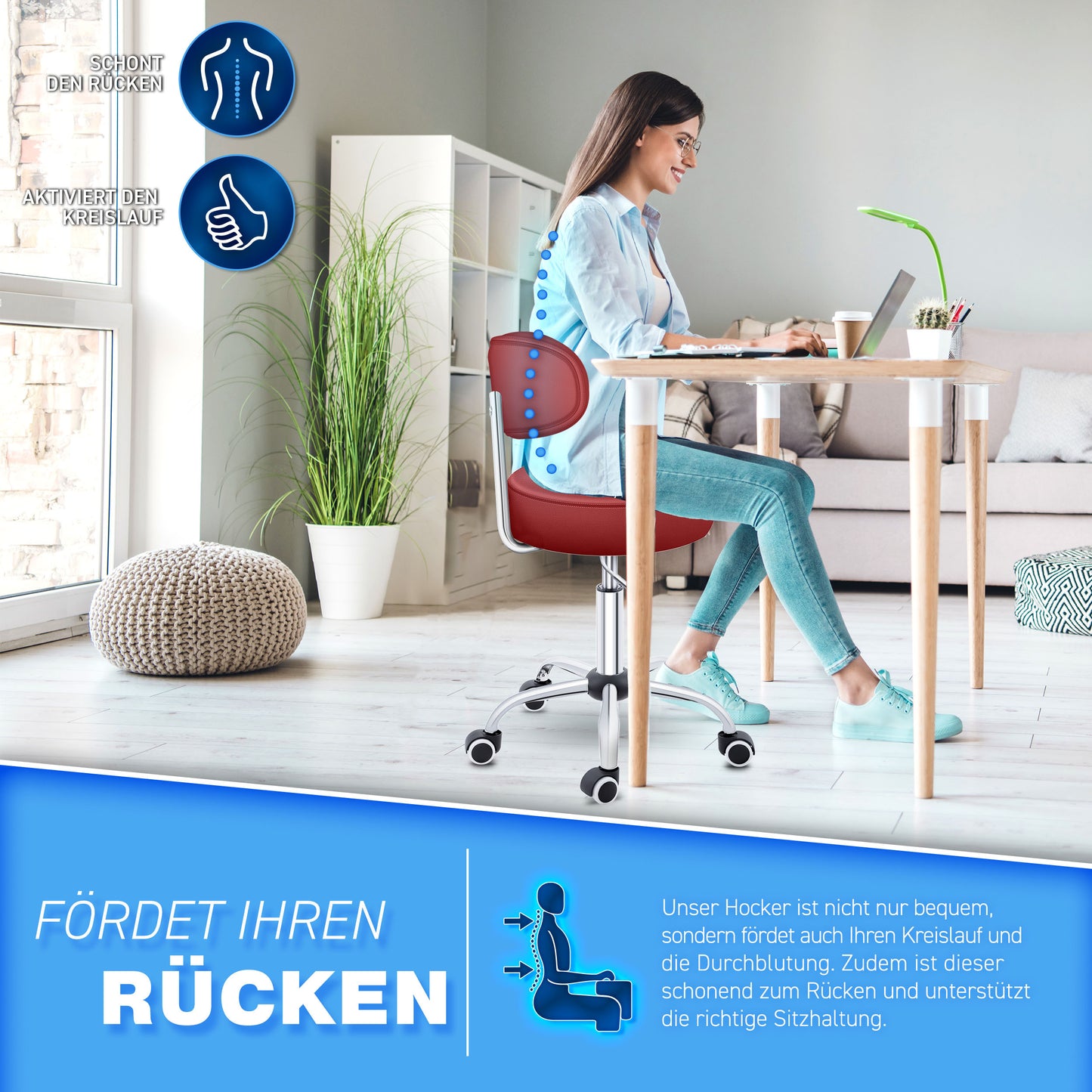 Tabouret Escalier TRESKO® avec Dossier 150 Kg | Tabouret de Travail Réglable en Hauteur 47-60 Cm | Tabouret Pivotant avec Roulettes | Tabouret Chaise de Bureau Chaise Pivotante