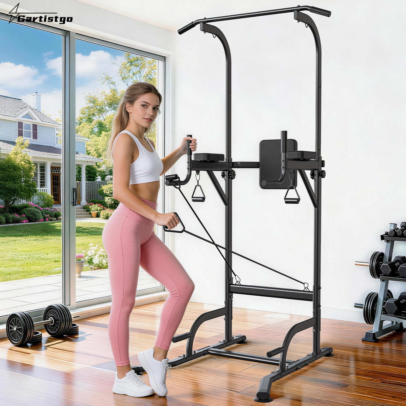 Barre de traction pour station de plongeoir, tour de force multifonction à hauteur réglable, entraînement de musculation pour exercices d'abdominaux et de push-up pour salle de sport à domicile, équipement d'entraînement de force et de fitness [Tankesi]