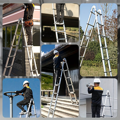 Échelle télescopique pliante en acier inoxydable 5m - Cadre A robuste, capacité de charge maximale 150kg, portée télescopique 2,5m + 2,5m, hauteur de marche réglable, adaptée à un usage intérieur/extérieur, grenier et maison, construction en métal solide,