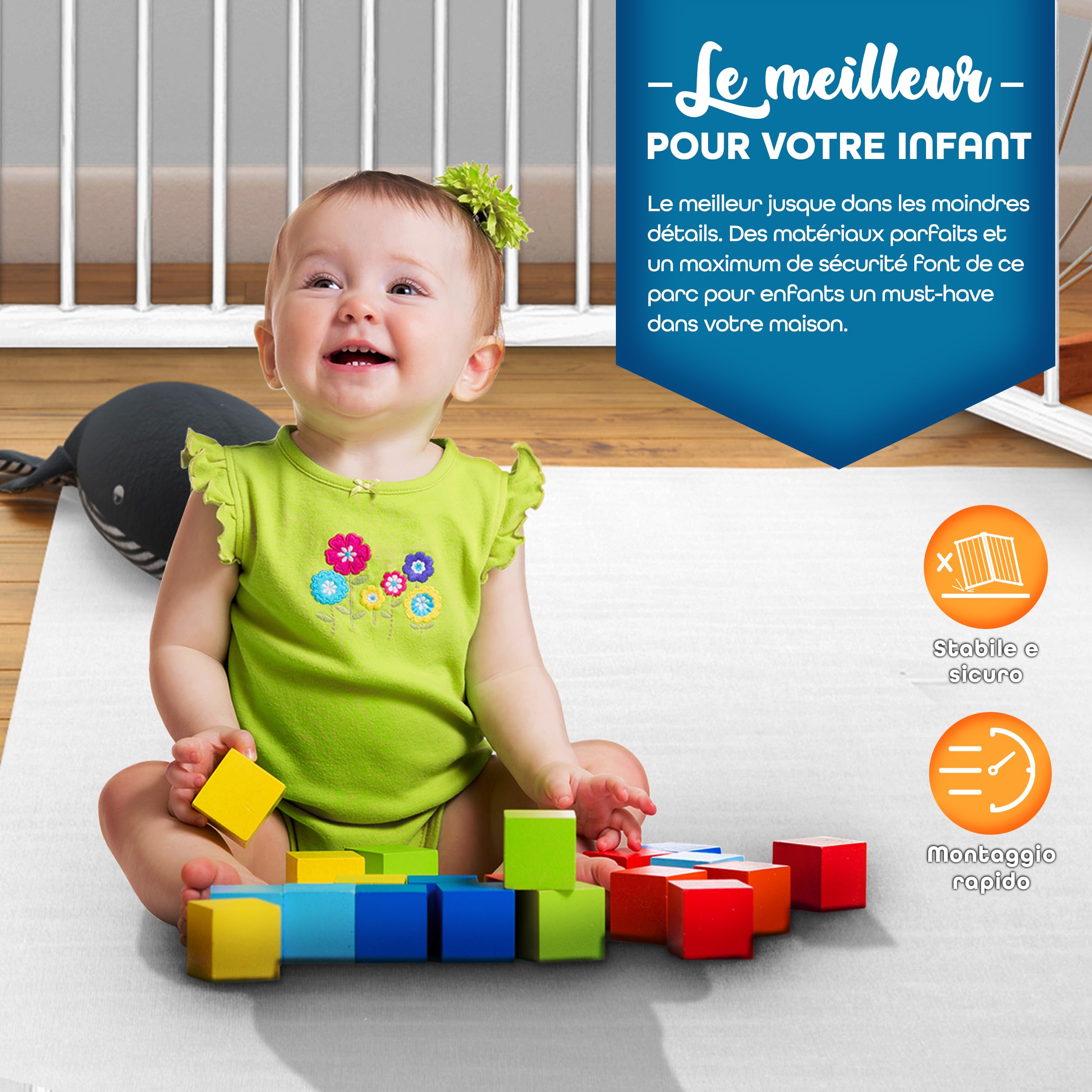 KIDUKU® Parc bébé pliable XXL de 7,2 mètres avec porte | Parc en bois avec double sécurité | Parc pliable pour enfants avec 8 éléments