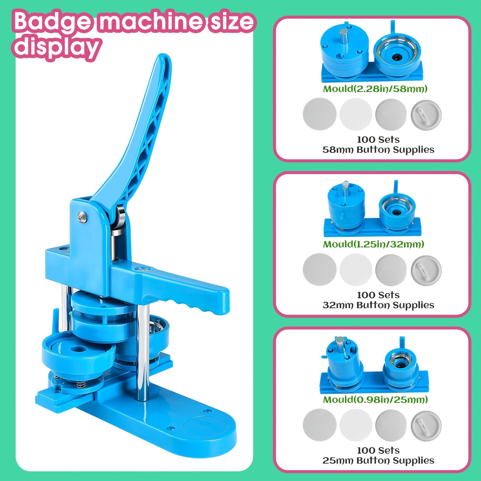 Machine à Boutons, Machine à Presser les Badges de 25/32/58 mm avec 300 Pièces de Fournitures pour Enfants, Machine à Perçer les Badges, Bleu