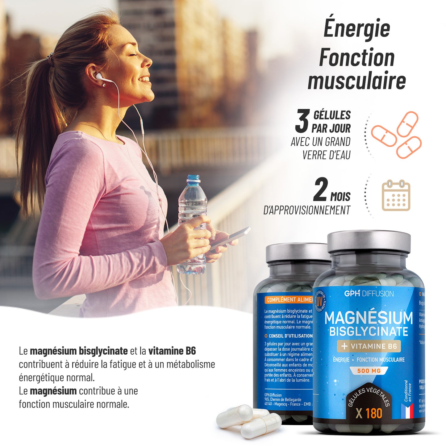 Magnésium Bisglycinate + Vitamine B6 - Energie, Fonction Musculaire, Fatigue - 180 gélules - Absorption maximale