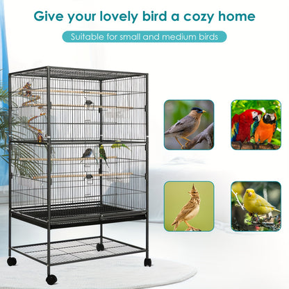 Grande cage à oiseaux, cage à oiseaux en métal, cage à oiseaux avec 4 roues, cage pour perruches avec bol de nourriture, jouet pour cage, balançoire à sauter pour oiseaux avec 2 portes et 4 barres en bois, 132 x 78 x 52 cm