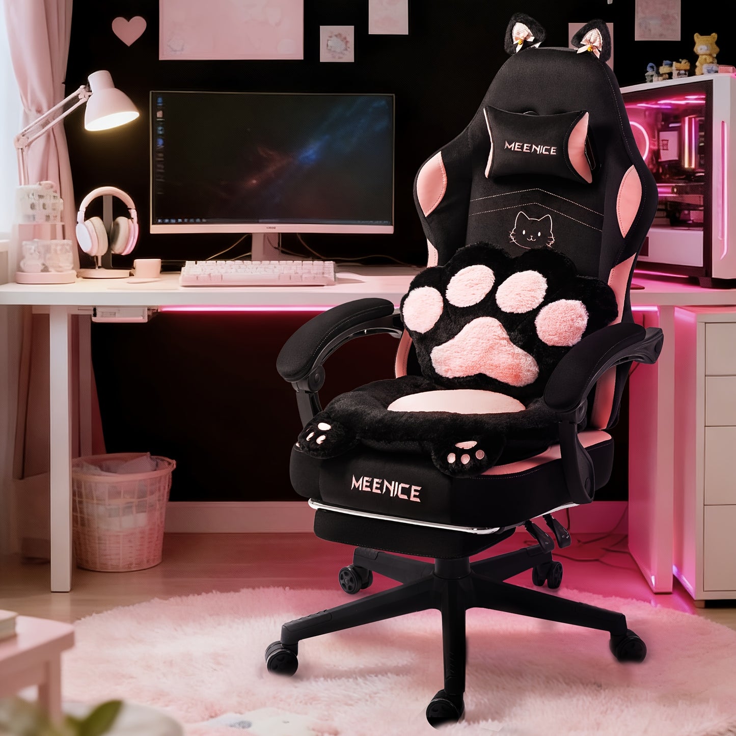 Chaise de Gaming Rose avec Coussin Lombaire Mignon en Forme d'Oreilles de Chat & Repose-Pieds Réglable - Chaise de Bureau Ergonomique pour Filles/Adultes, Capacité de 136,08 KG, Chaise de Gaming Douce avec Design Mignon de Patte de Chat, Confort Ultime !