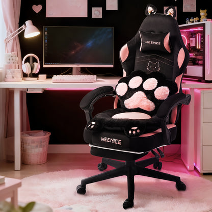 Chaise de Gaming Rose avec Coussin Lombaire Mignon en Forme d'Oreilles de Chat & Repose-Pieds Réglable - Chaise de Bureau Ergonomique pour Filles/Adultes, Capacité de 136,08 KG, Chaise de Gaming Douce avec Design Mignon de Patte de Chat, Confort Ultime !