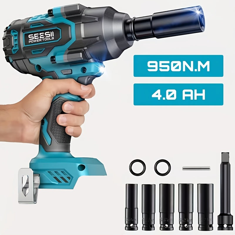 Clé à choc SEESII 950N.M à couple élevé (700 Ft-Lbs), pistolet à choc sans balais 1/2" avec deux batteries 4.0AH, chargeur rapide, 5 douilles et étui de rangement, clé à choc électrique pour voiture et camion