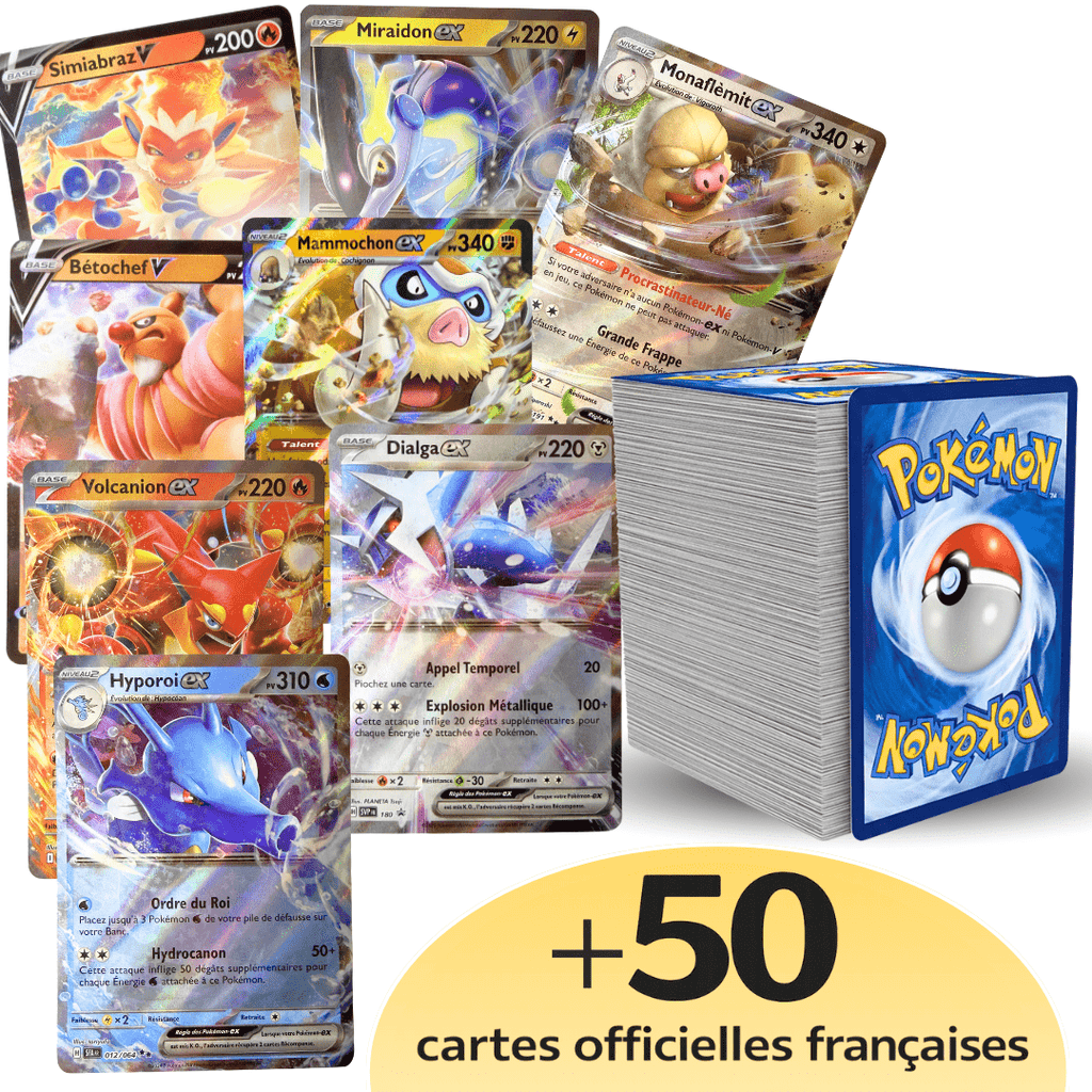 Cartes Pokémon TCG ULTRA PACK en langue française / PACK ULTRA : 1x Ultra rare EX/V + 5x Brillantes (HOLO/REVES) + 45 Cartes Pokémon communes/peu communes - Cartes Aléatoires