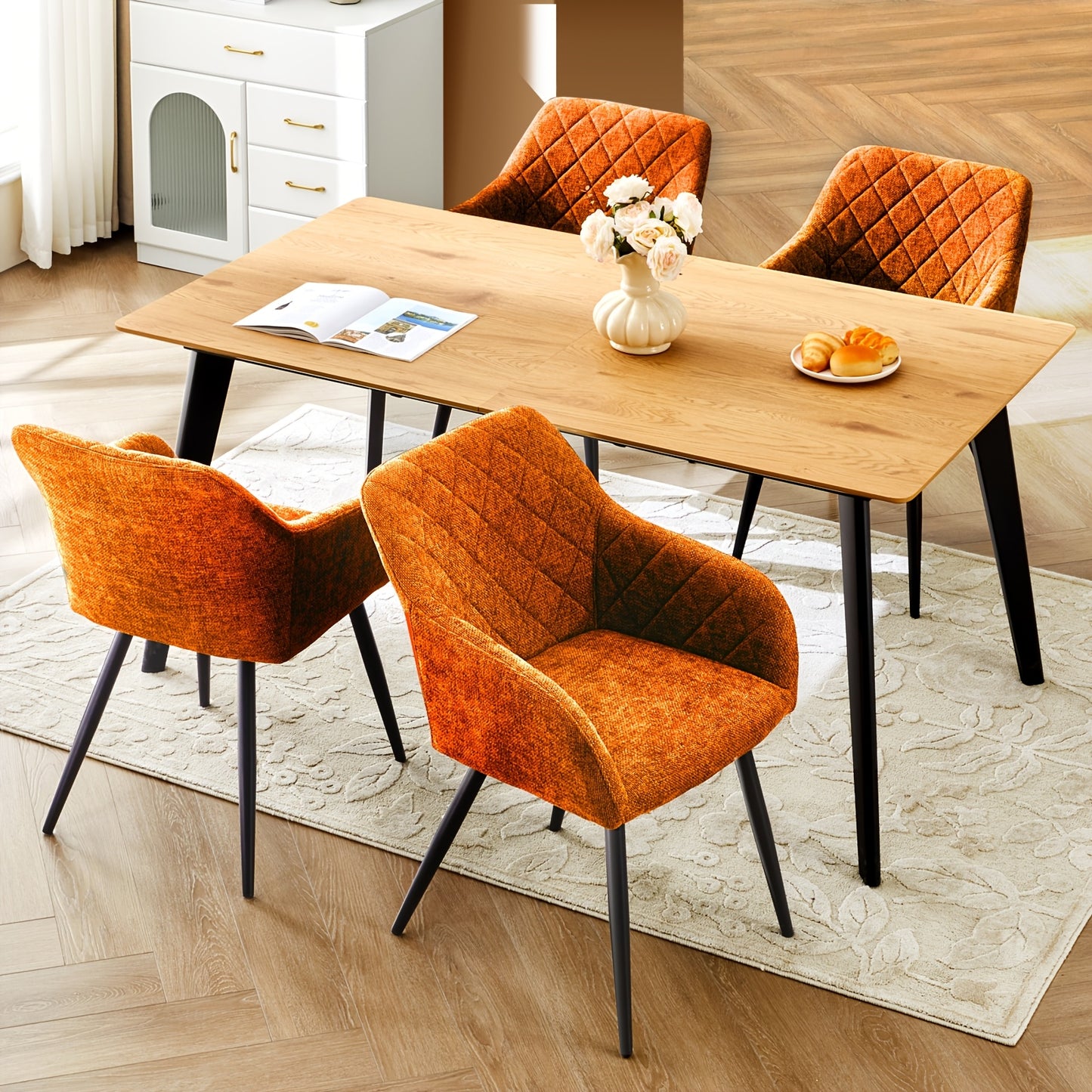 Ensemble de 2 chaises de salle à manger modernes en velours/lin, chaises de loisirs rembourrées avec accoudoirs et pieds en métal, chaises d'angle pour cuisine, salon, bureau à domicile, réception