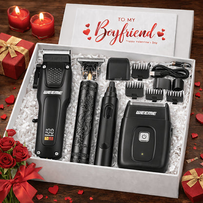 Kit de toilettage pour hommes WEEME, 4 pièces, avec tondeuse USB à charge rapide, tondeuse en T, rasoir et tondeuse à poils de nez - Système tout-en-un pour cheveux et rasage pour la maison, les voyages - Cadeau idéal pour papa, mari, petit ami (anniversa