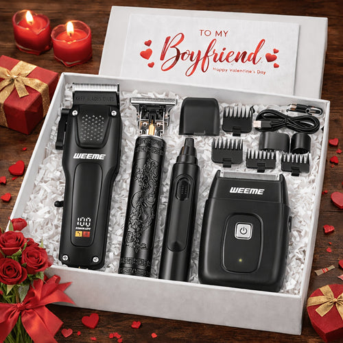 Kit de toilettage pour hommes WEEME, 4 pièces, avec tondeuse USB à charge rapide, tondeuse en T, rasoir et tondeuse à poils de nez - Système tout-en-un pour cheveux et rasage pour la maison, les voyages - Cadeau idéal pour papa, mari, petit ami (anniversa