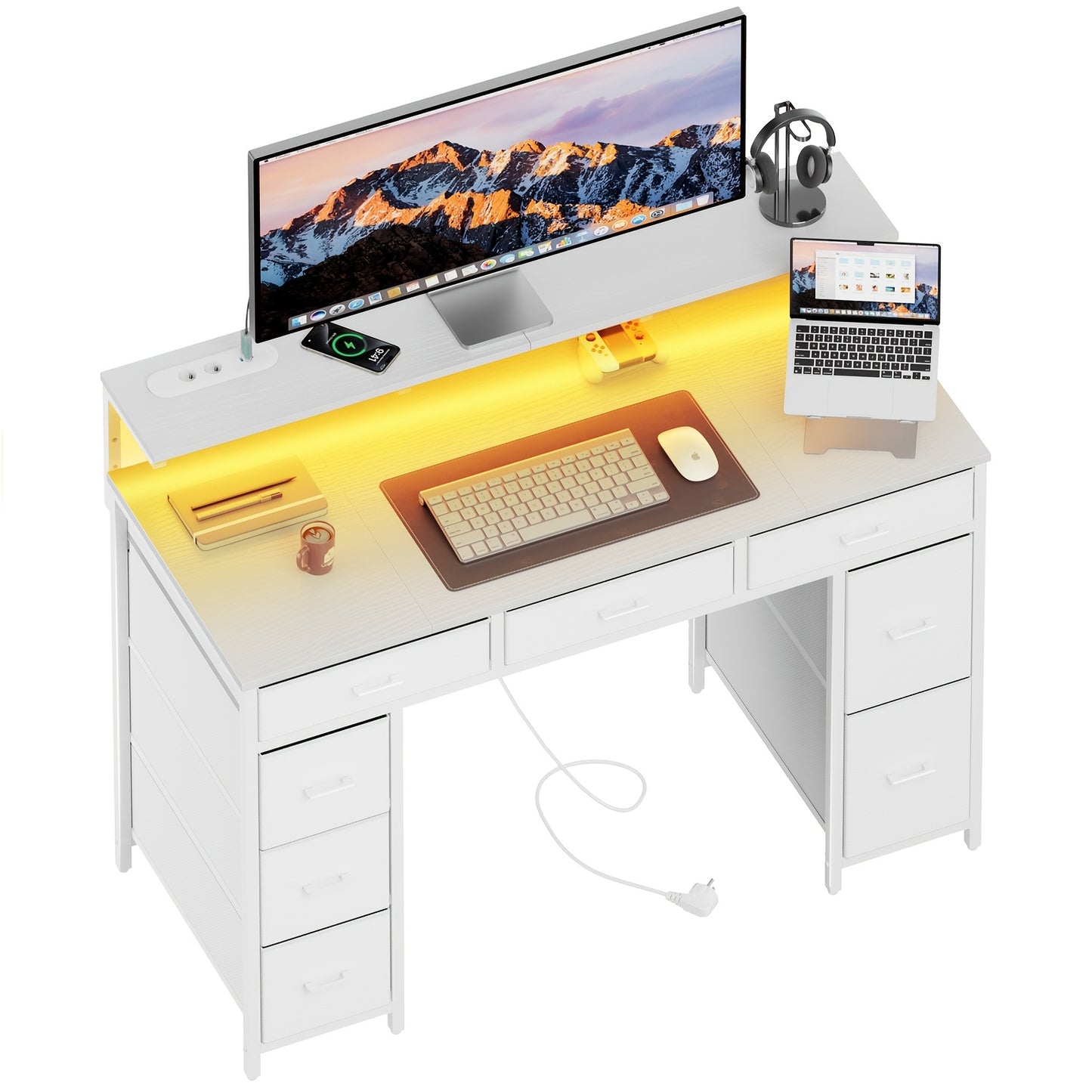 Bureau d'ordinateur avec 8 tiroirs de rangement en tissu, bureau d'étude/chambre à coucher, bureau de jeu de 119,38 cm avec éclairage LED et prises USB, bureau de bureau à domicile avec support d'ordinateur, 4 couleurs