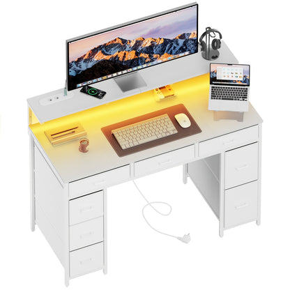 Bureau d'ordinateur avec 8 tiroirs de rangement en tissu, bureau d'étude/chambre à coucher, bureau de jeu de 119,38 cm avec éclairage LED et prises USB, bureau de bureau à domicile avec support d'ordinateur, 4 couleurs