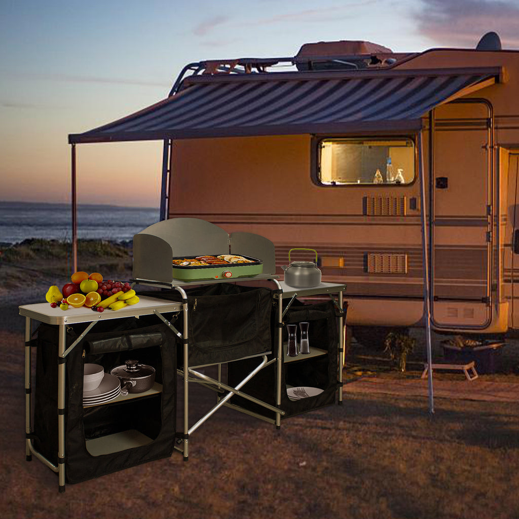 Cuisine de camping pliable avec rangement | Armoire de camping légère pour auvents et voyages | 2 tables/3 tables