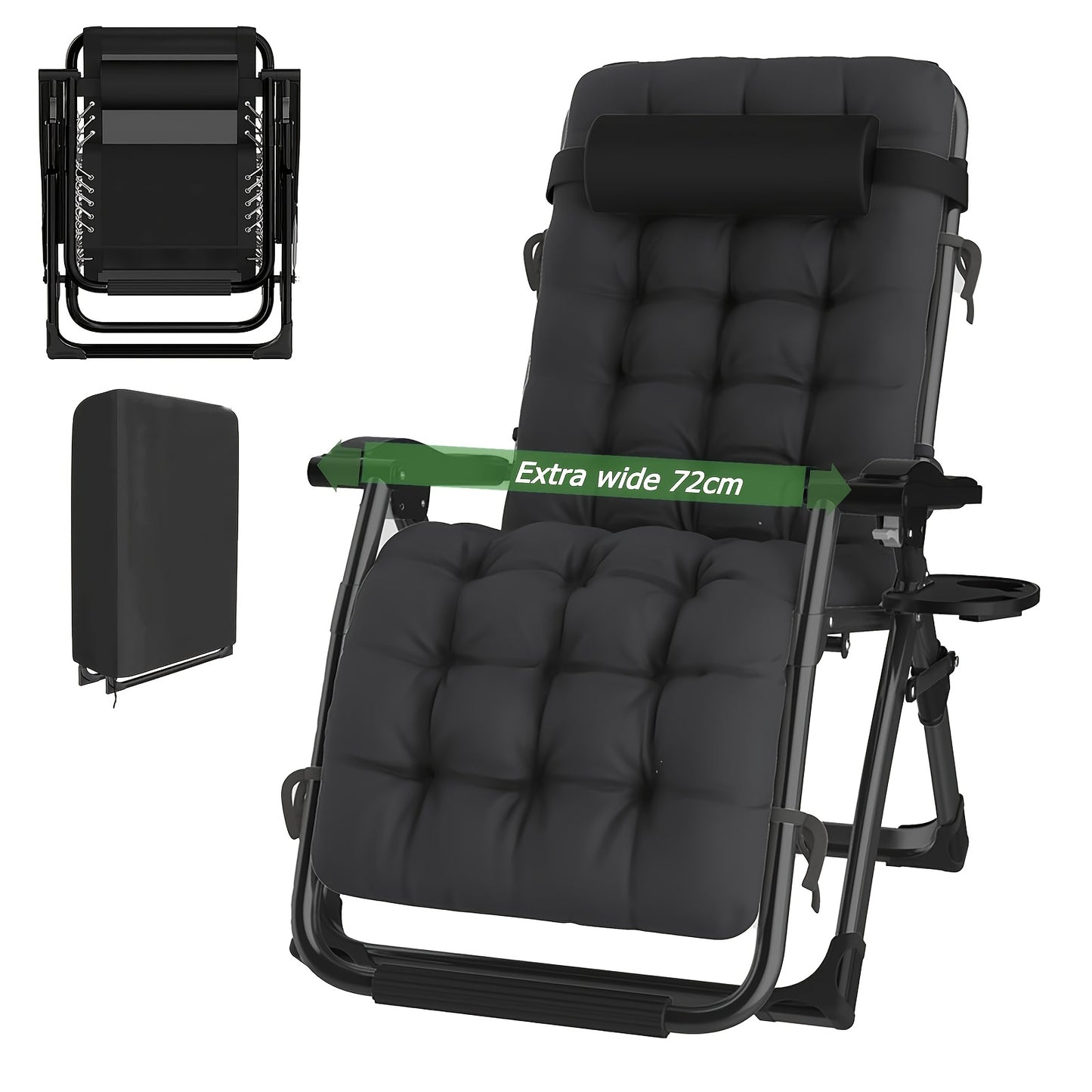 Chaise longue de détente zéro gravité surdimensionnée, 72 cm extra large, inclinable pliable et réglable, capacité de 500 lbs/200 kg, coussin détachable en coton doux avec appui-tête, porte-gobelet, noir gris, pour jardin, terrasse, balcon, patio extérieu
