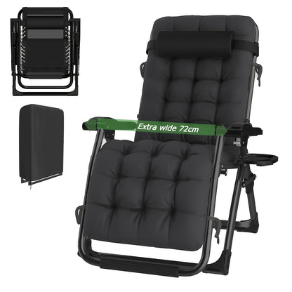 Chaise longue de détente zéro gravité surdimensionnée, 72 cm extra large, inclinable pliable et réglable, capacité de 500 lbs/200 kg, coussin détachable en coton doux avec appui-tête, porte-gobelet, noir gris, pour jardin, terrasse, balcon, patio extérieu