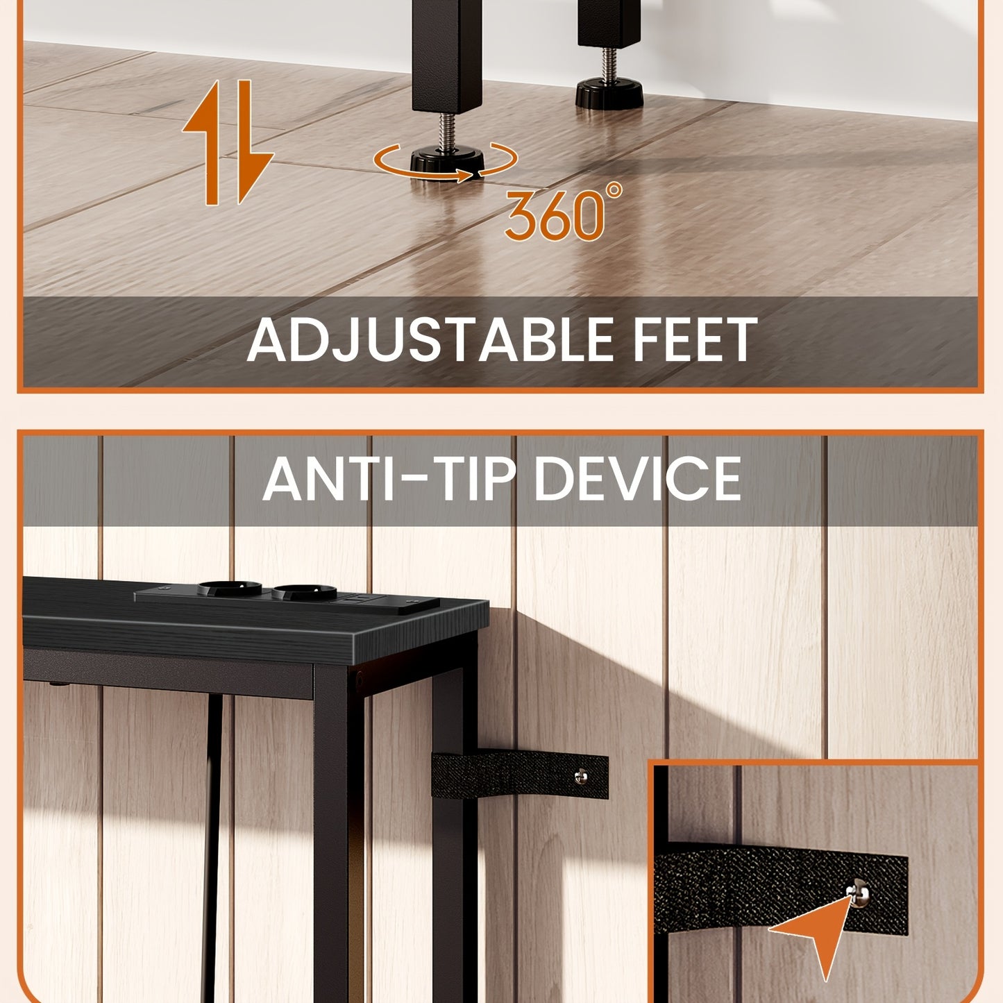 Table Console Moderne Industrielle Étroite avec Station de Chargement et Ports USB - Bois Ingénierie Robuste et Métal, Idéale pour Entrée, Salon, Table de Canapé, Bureau de Chargement USB pour Hall, Couloirs, Entrées