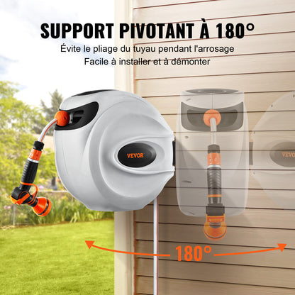 VEVOR Enrouleur Tuyau Arrosage Mural 25 m x 12 mm Support Pivotant 180° Dévidoir de Tuyaux d'Eau Buse à 9 Modèles 3 Adaptateurs Rapides Rembobinage Auto avec Verrou pour Arroser Pelouse Jardin Voiture