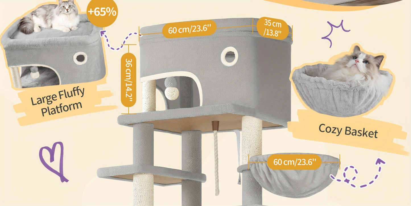 Arbre à Chat, 203 cm avec Grande Plateforme, 2 Grottelettes, 7 Poteaux Griffoirs, Pompons et Hamac - Adapté pour Toutes les Races de Chats (Gris Clair/Foncé ou Beige)