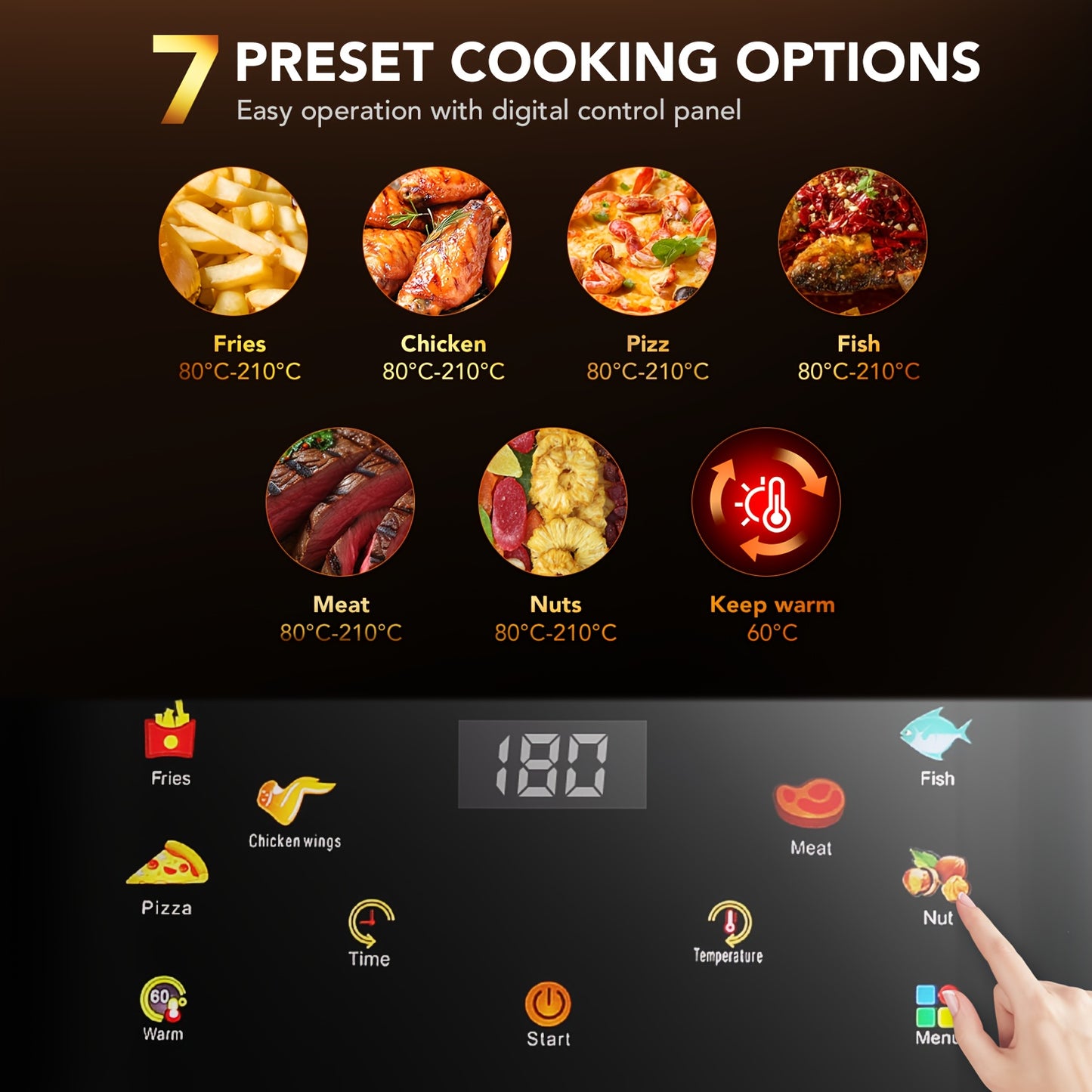 Friteuse à air visible avec fenêtre 10.5L, Technologie à air rapide, 90% moins d'huile, Économie d'énergie, 7 profils prédéfinis, Antiadhésive, Lavable au lave-vaisselle, Affichage numérique, Bouton +1 minute, Puissance 1800W