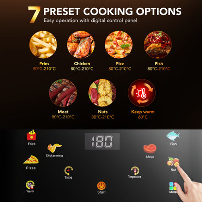 Friteuse à air visible avec fenêtre 10.5L, Technologie à air rapide, 90% moins d'huile, Économie d'énergie, 7 profils prédéfinis, Antiadhésive, Lavable au lave-vaisselle, Affichage numérique, Bouton +1 minute, Puissance 1800W
