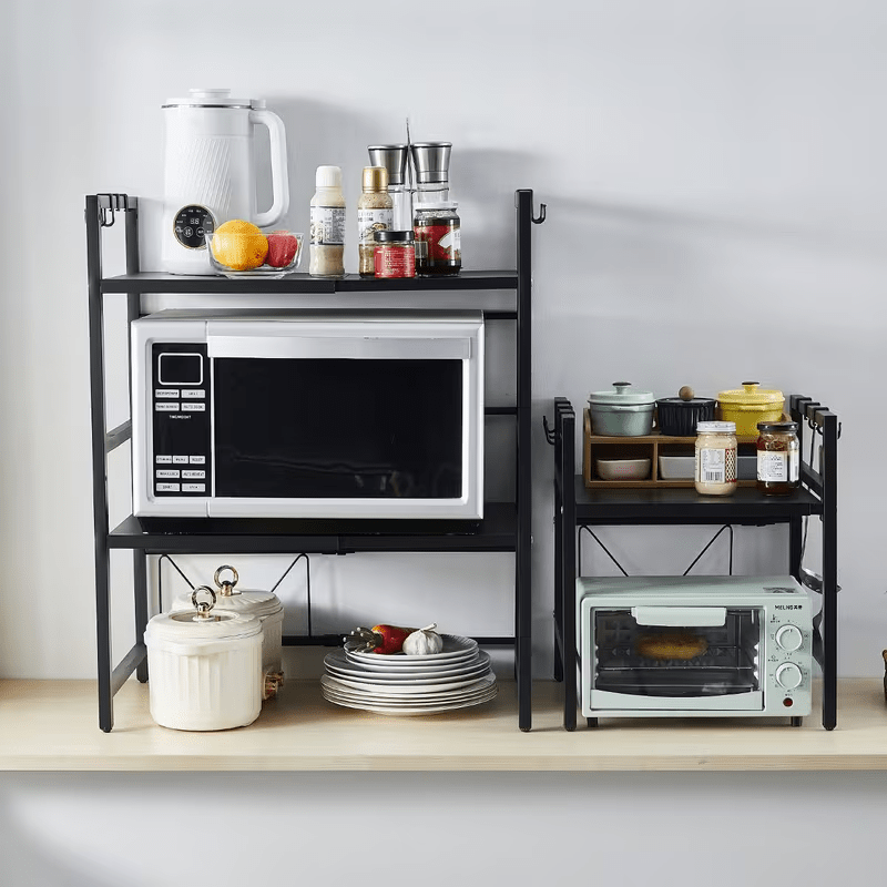 Étagère micro-ondes extensible à 3 niveaux, Organisateur d'armoire micro-ondes de comptoir de cuisine, Étagère micro-ondes en métal avec 6 crochets, Étagère de rangement d'organisation de cuisine réglable pour le stockage d'appareils de cuisine tels que l