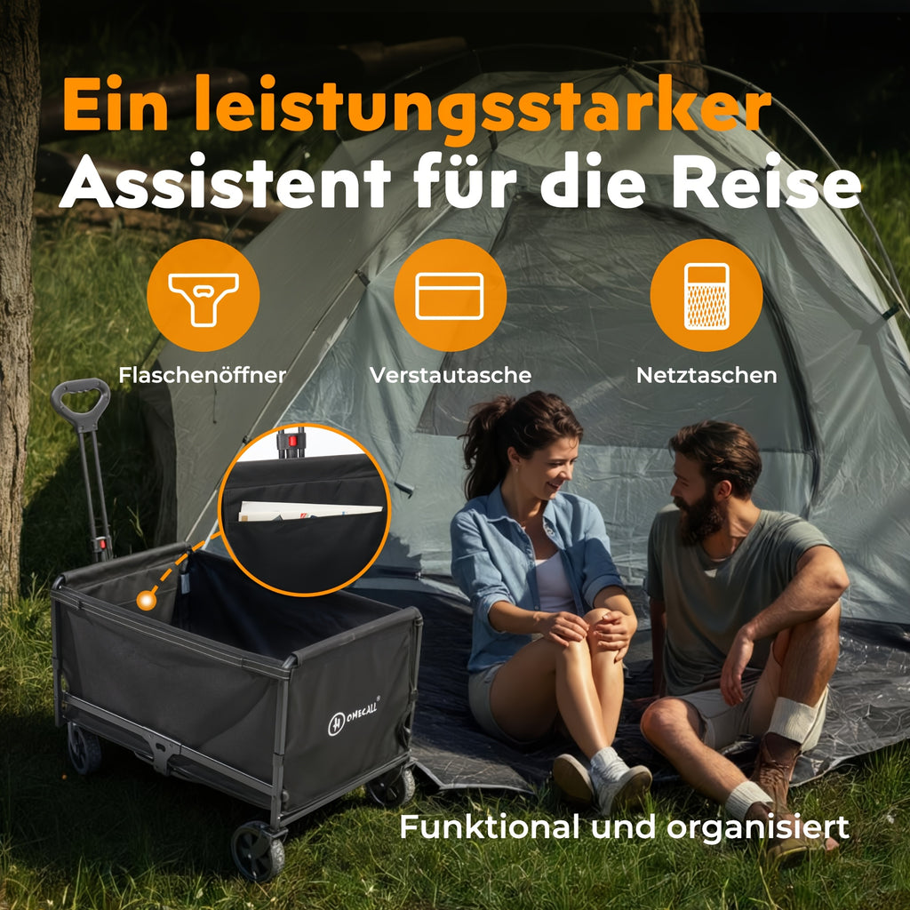 Chariot Pliable Robuste 120L avec Housse et Porte-Gobelets, Capacité Jusqu'à 120Kg, Chariot de Plage Pliable Compact pour Camping, Sports, Shopping, Transport Extérieur