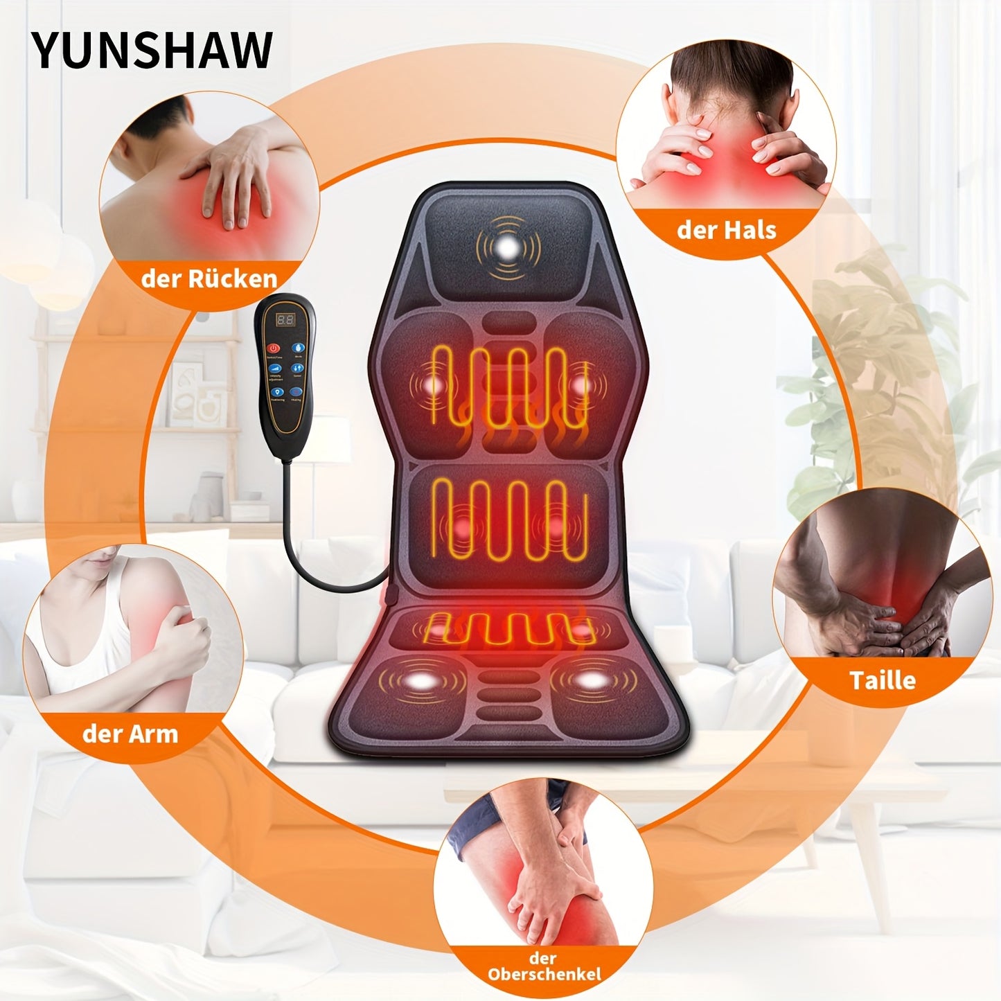 Coussin de siège masseur intégral YUNSHAW avec chauffage et vibration, convient pour le dos, coussin pour chaise de massage pour canapé/chaise, coussin chauffant à brancher avec système à 9 moteurs, cadeau pour homme/femme (sans convertisseur)