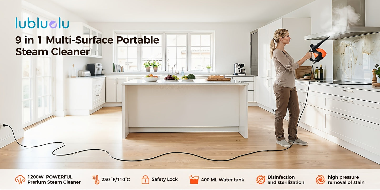 Nettoyeur Vapeur Portable Lubluelu 1200W, Nettoyeur Vapeur avec Plusieurs Accessoires et Verrou de Sécurité, Grande Capacité de 400ml, Vapeur Naturelle pour Nettoyage de Surfaces, Vapeurisateur Polyvalent pour Maison, Voiture, Salle de Bain, Graisse (Oran