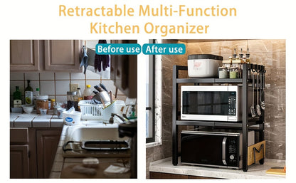 Étagère Micro-ondes Devesanter, Étagère de Cuisson Extensible 3 Niveaux avec 6 Crochets, 3 Porte-Serviettes et 1 Porte-Planche à Découper. Idéale pour Étagères de Cuisine, Étagères à Épices et Rangement de Micro-ondes. Noir. S'étend de 40 cm à 64 cm