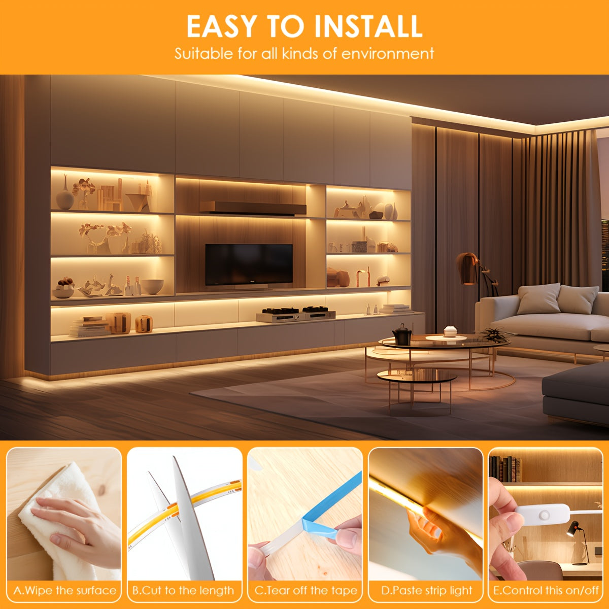 Bande Lumineuse LED COB HOTU, Alimentation USB Flexible Auto-Adhésive Découpable 400 Lampes, Conception Mètre Sans Faisceau pour Meubles Armoire, Base de Cuisine, Éclairage Ambiant Chambre Blanc Chaud, Couleur Lumière du Jour Réglable