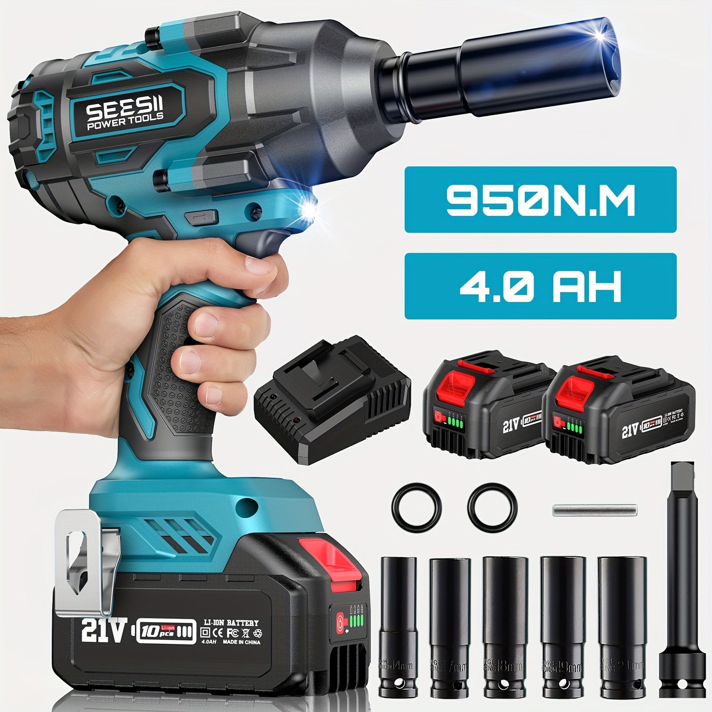 Clé à choc SEESII 950N.M à couple élevé (700 Ft-Lbs), pistolet à choc sans balais 1/2" avec deux batteries 4.0AH, chargeur rapide, 5 douilles et étui de rangement, clé à choc électrique pour voiture et camion