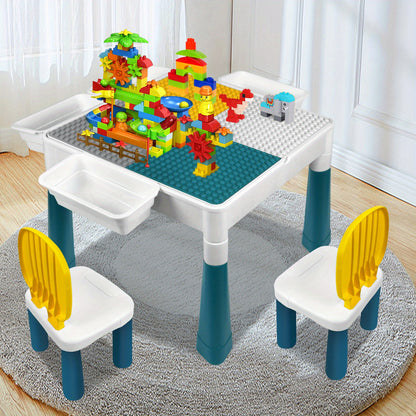 Table de jeu d'activité, Ensemble de table d'activité multifonctionnelle, Ensemble de table et de chaises de blocs de construction, Table d'artisanat de chambre, Table d'étude, avec 2 chaises et 163 blocs de construction