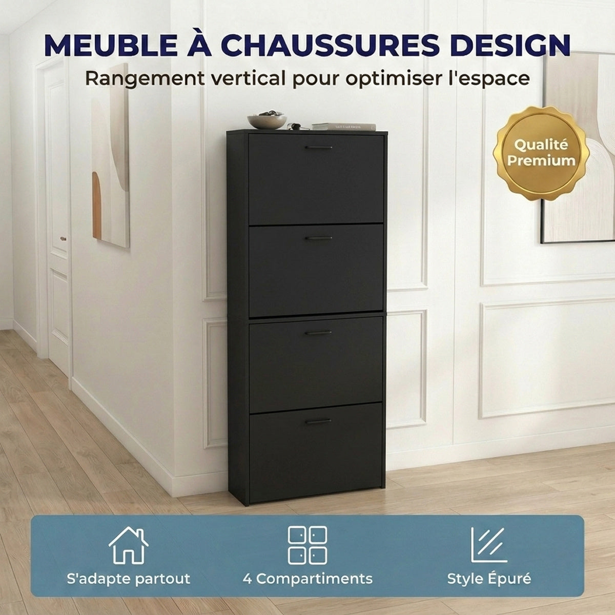 Meuble à chaussures avec 4 compartiments à rabat, armoire à chaussures en bois pour jusqu'à 24 paires, organisateur d'entrée peu encombrant