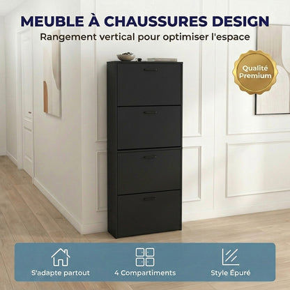 Meuble à chaussures avec 4 compartiments à rabat, armoire à chaussures en bois pour jusqu'à 24 paires, organisateur d'entrée peu encombrant