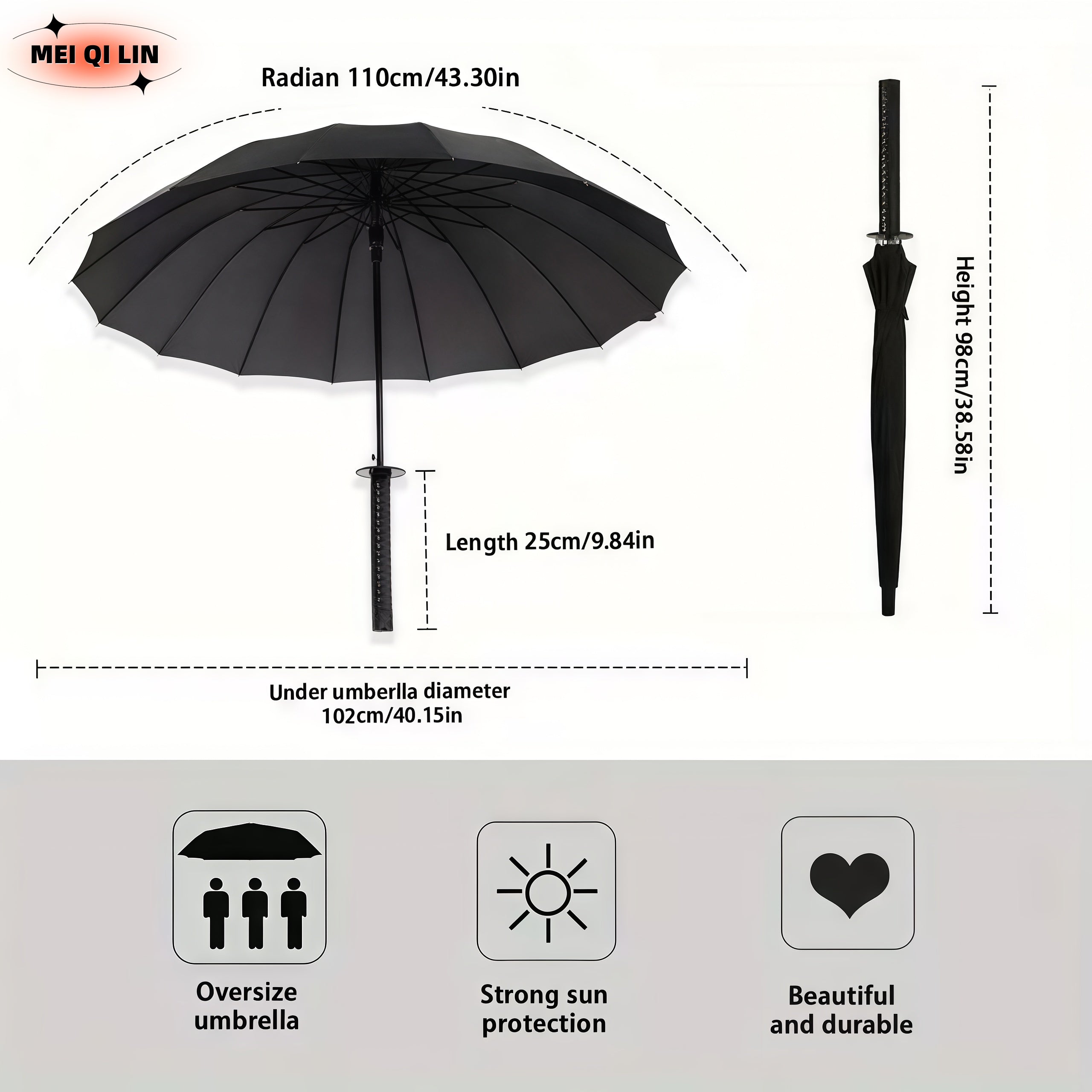 1 pièce ou 2 pièces en option, Parapluie Samouraï Ninja Semi-automatique MEI QI LIN, Le meilleur cadeau créatif (16 baleines), Parapluie à long manche robuste et durable